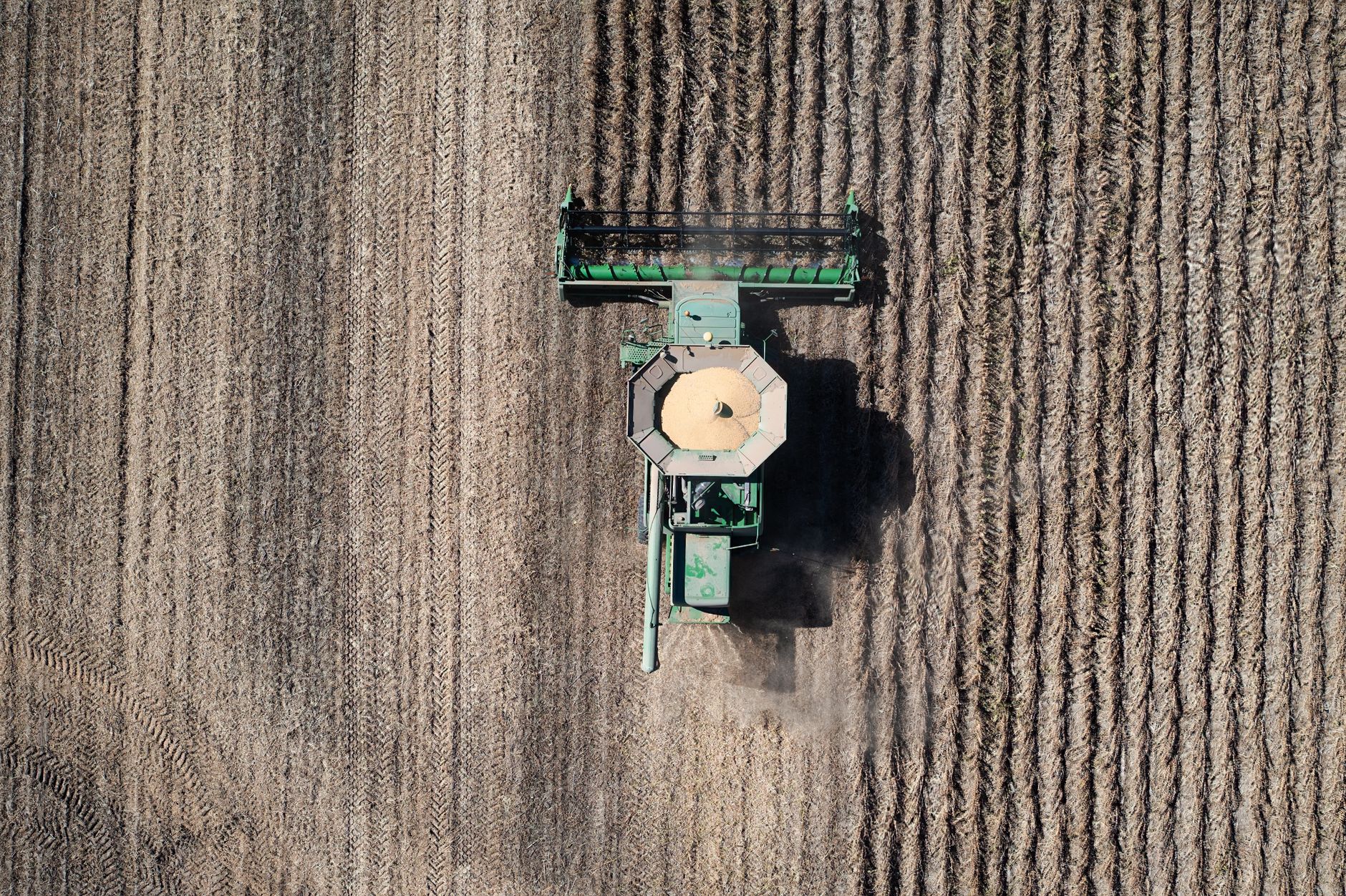 Aerial view of a combine harvester working in a rural Minnesota field during autumn.