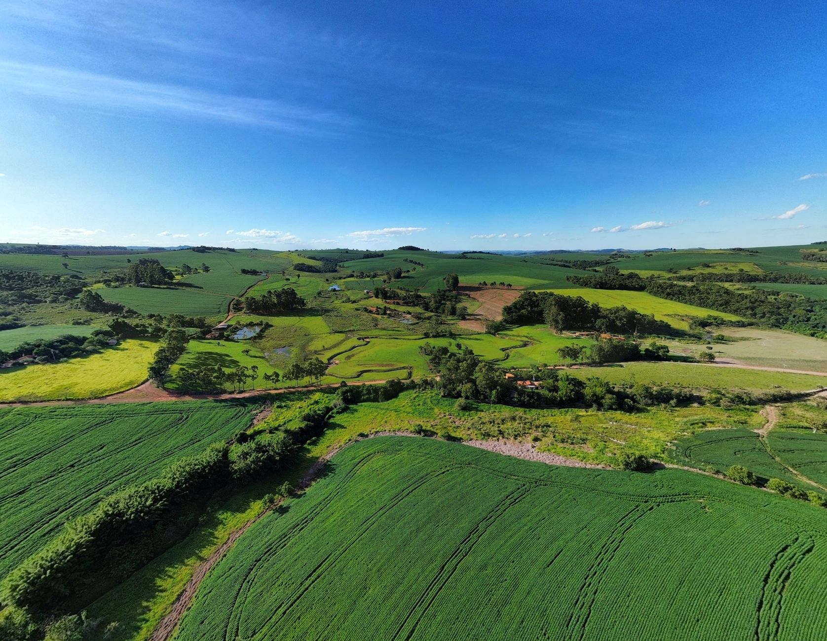 Aerial view showcasing lush green fields and farms under a clear sky in Brazil, depicting rural beauty.