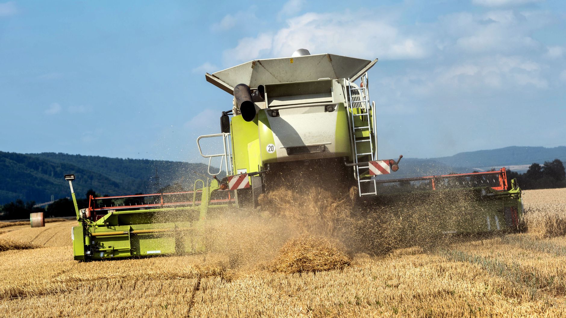 A combine harvester operates in a golden wheat field under a clear sky in Paderborn, NRW.