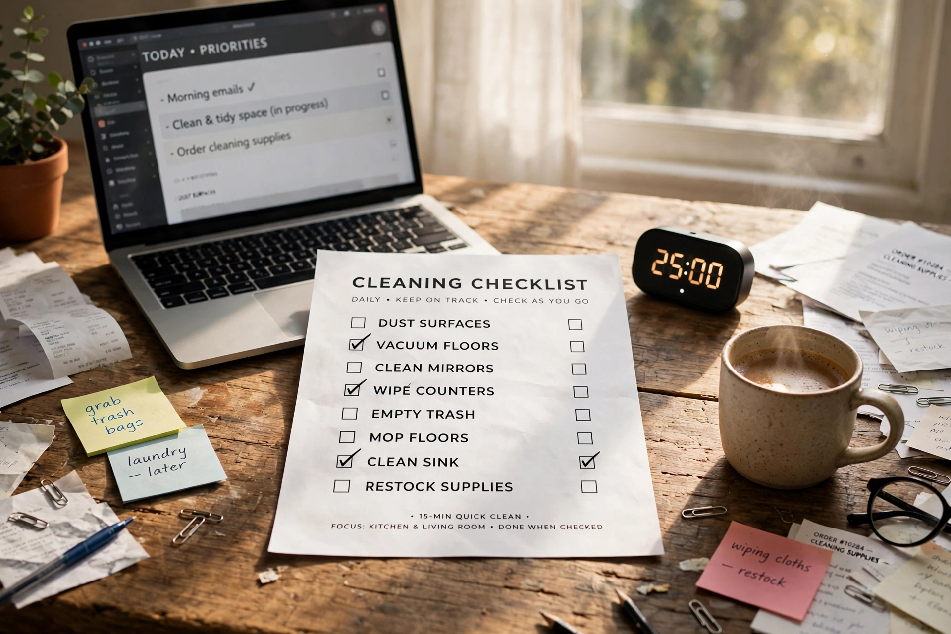 productivity timer desk workspace cleaning checklist template beginners
