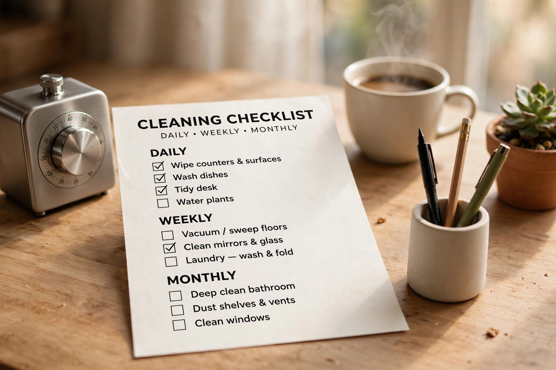 productivity timer desk workspace cleaning checklist template guide