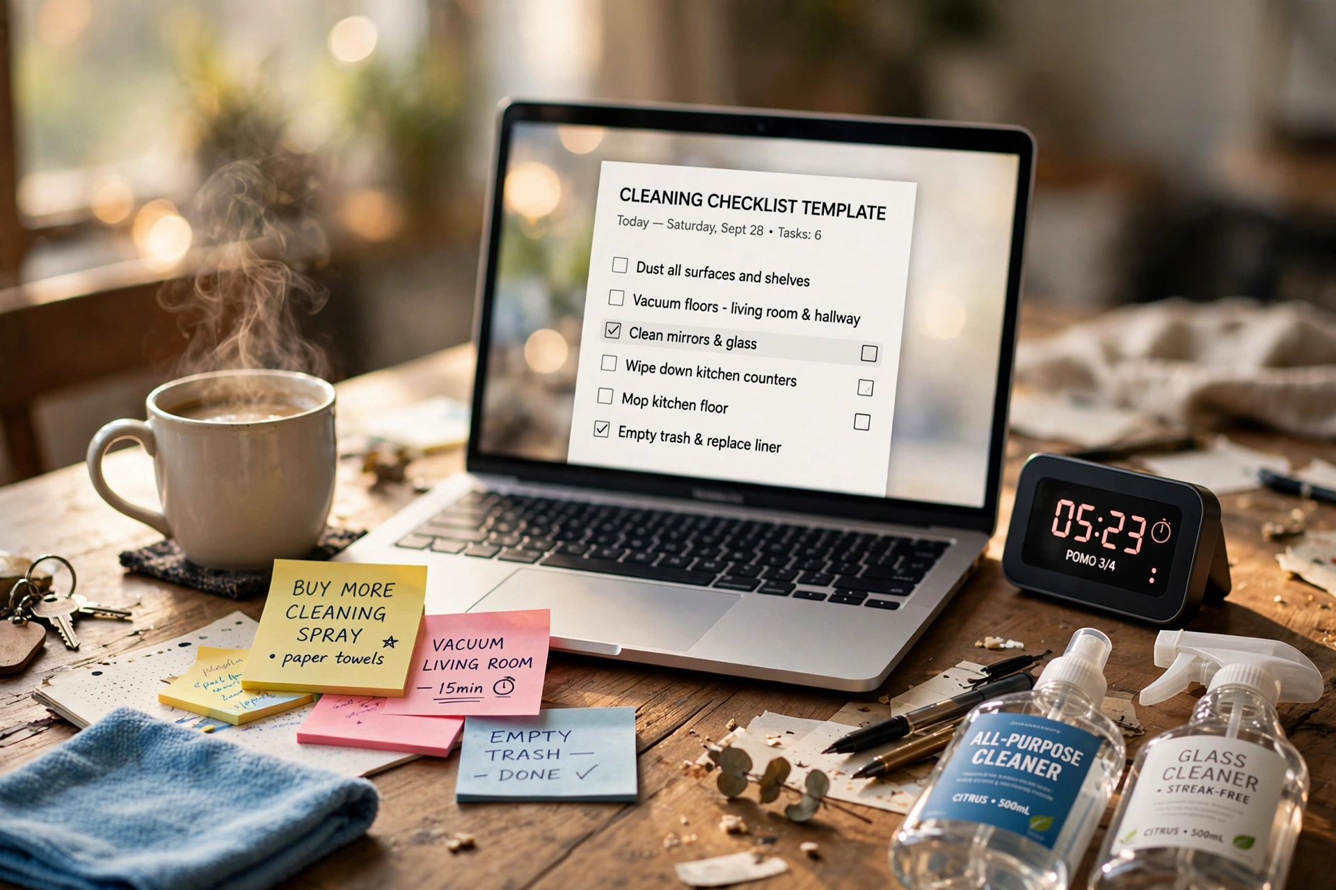productivity timer desk workspace cleaning checklist template near