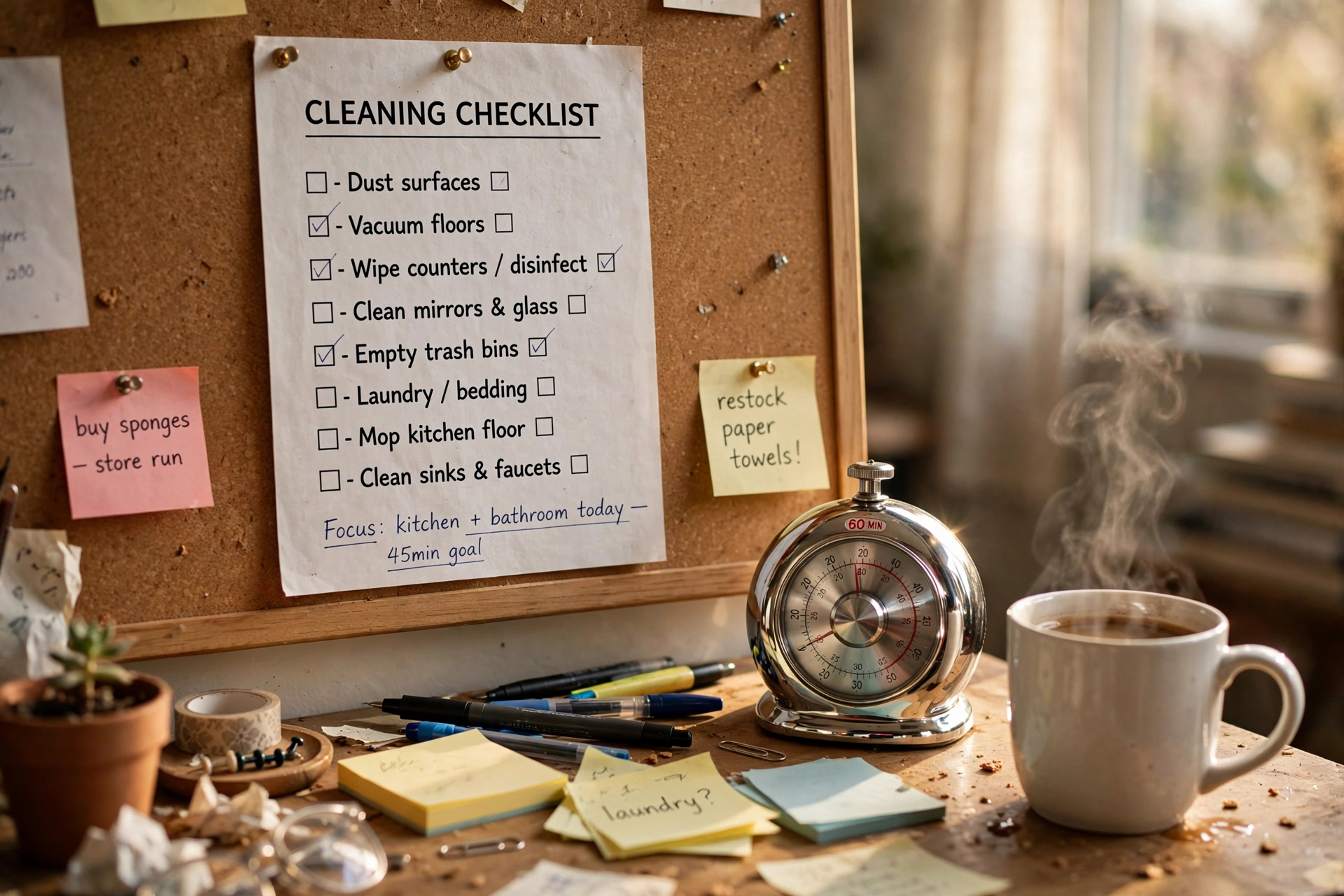 productivity timer desk workspace cleaning checklist template tips