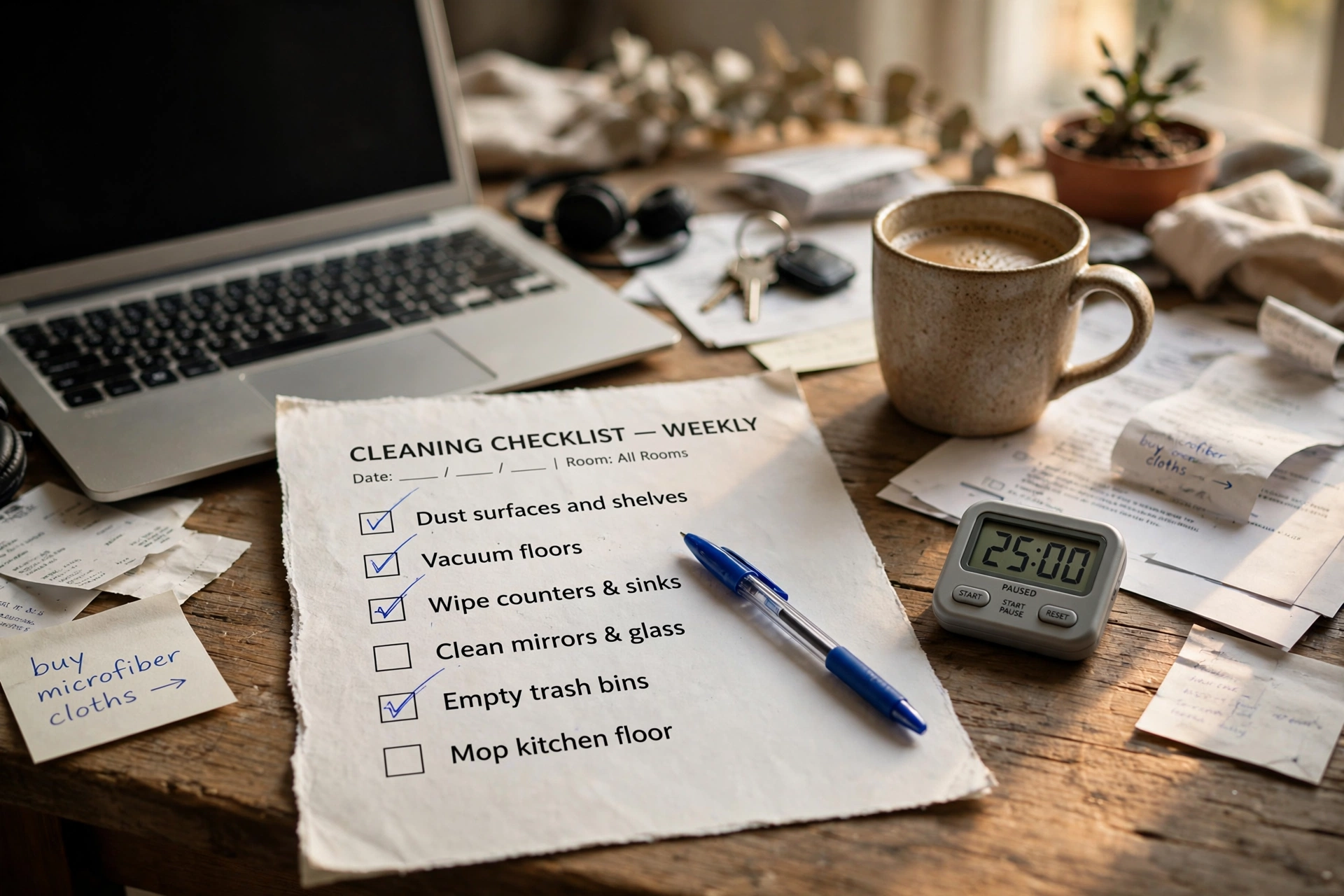 productivity timer desk workspace cleaning checklist template