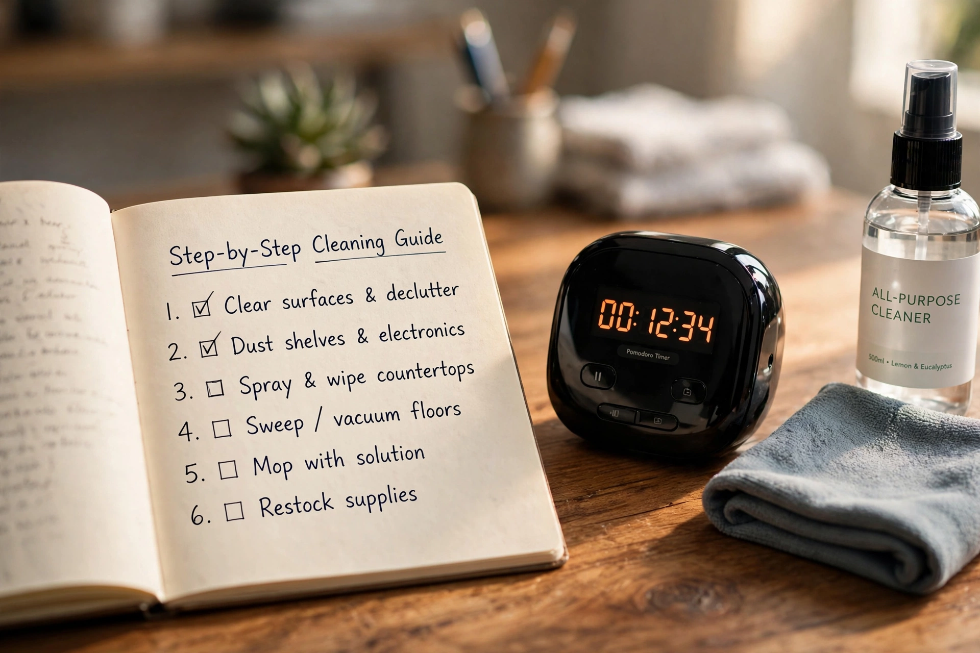 productivity timer desk workspace step cleaning checklist template