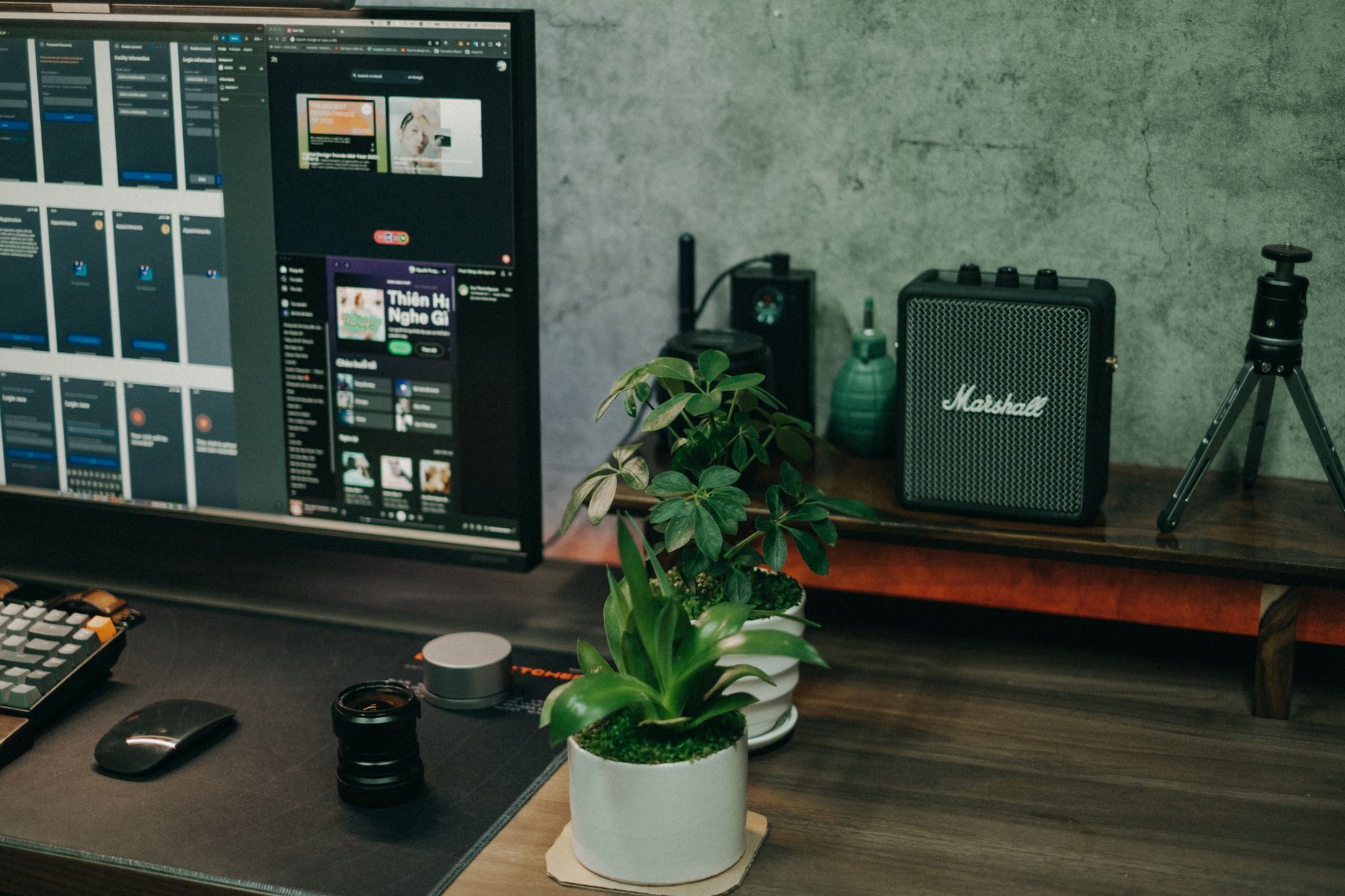 A stylish workspace featuring indoor plants, a computer monitor, and electronic gadgets on a wooden desk.