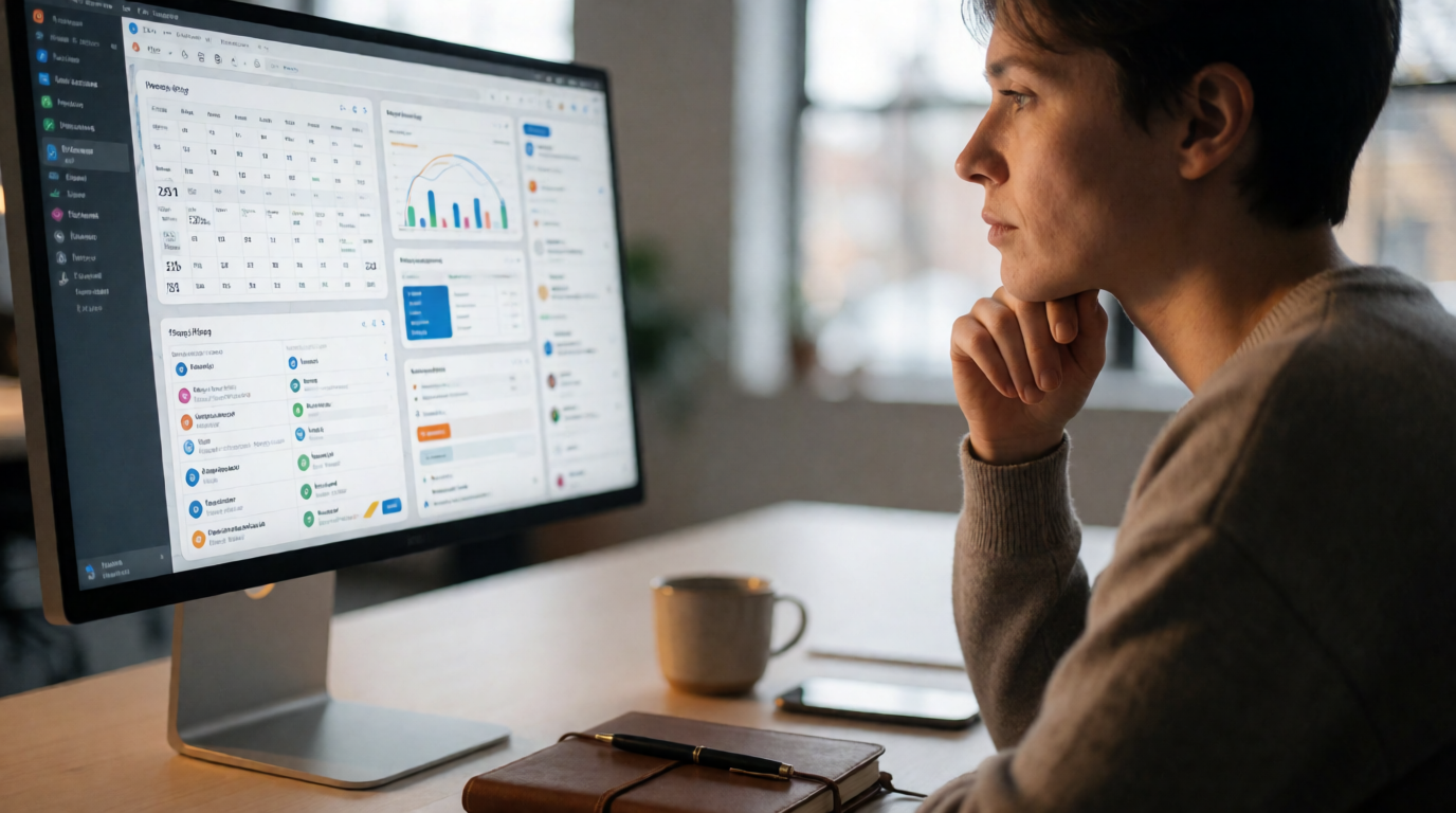 A professional evaluating various task management software options on a digital interface