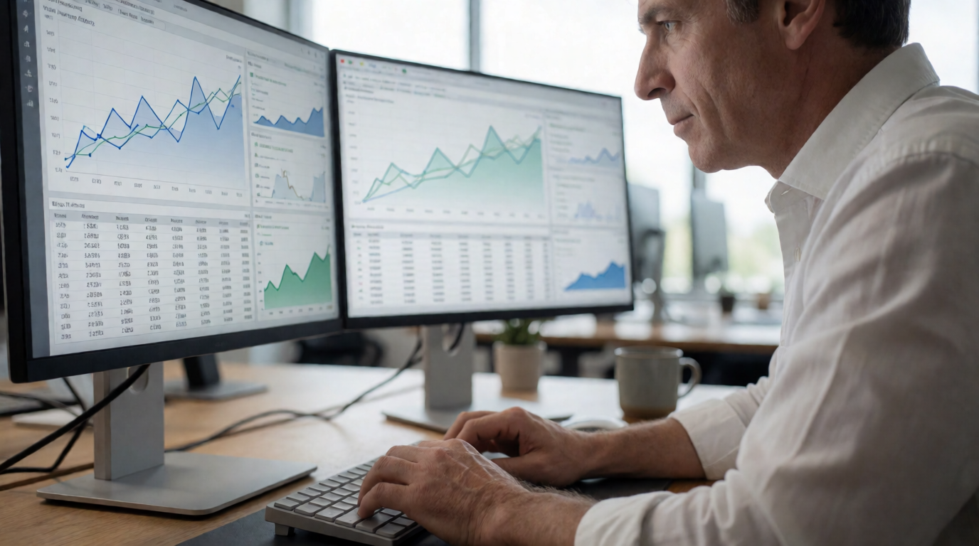 Financial planner analyzing productivity ROI on dual monitors