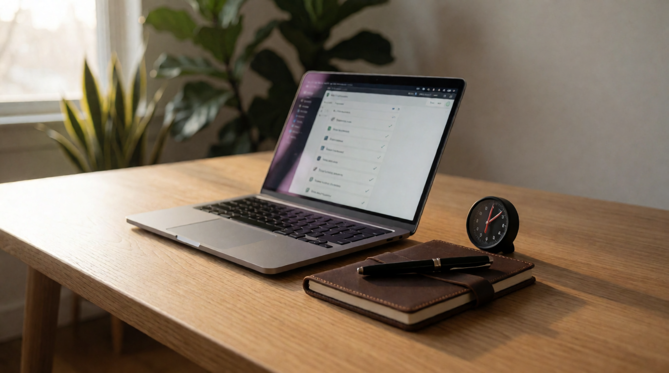 A clean workstation with a laptop showing a task list and a physical notepad