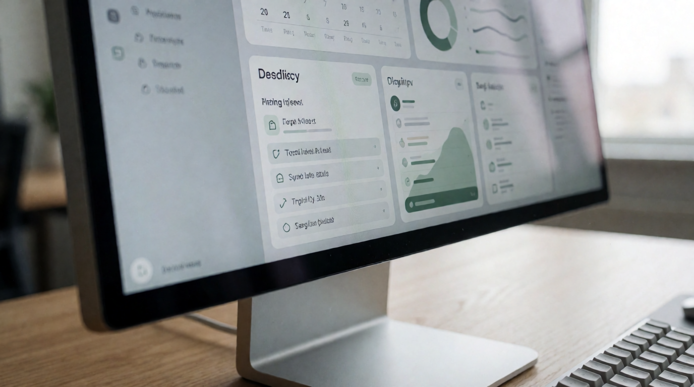 A clean digital interface showing tasks and a timer on a laptop screen