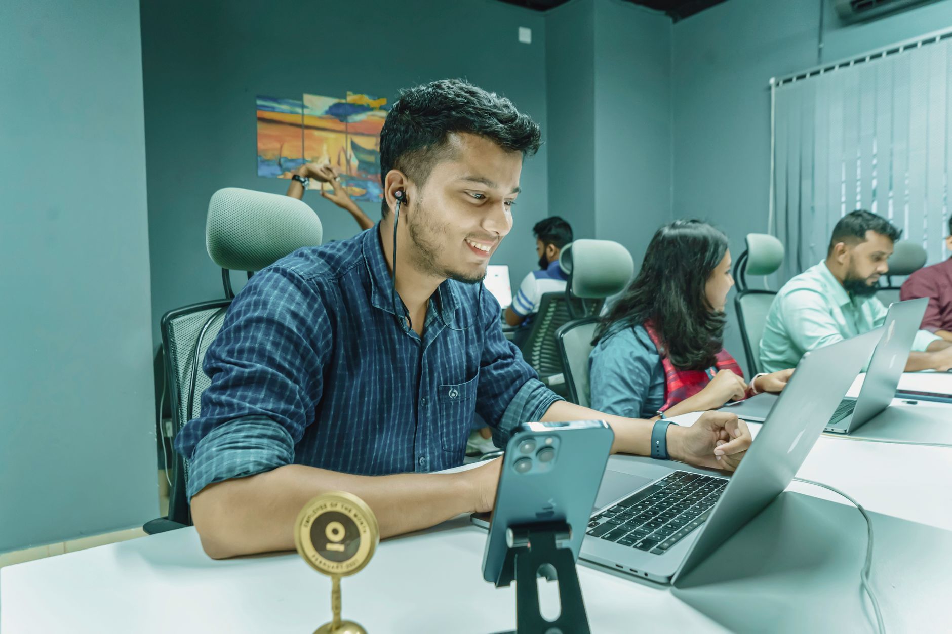Diverse professionals collaborating via task management app