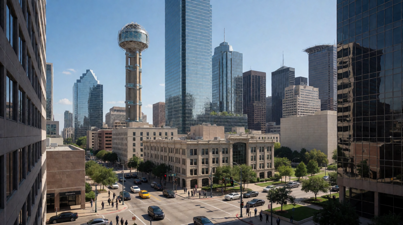 Vibrant downtown Dallas skyline at sunset with bustling business activity