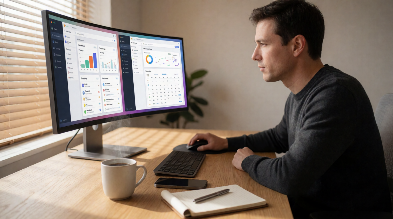 Professional comparing different task management applications on a digital screen
