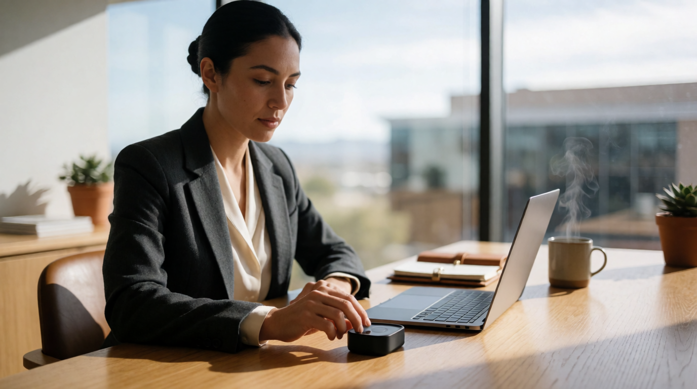 Professional using a productivity timer in a Tucson office setting