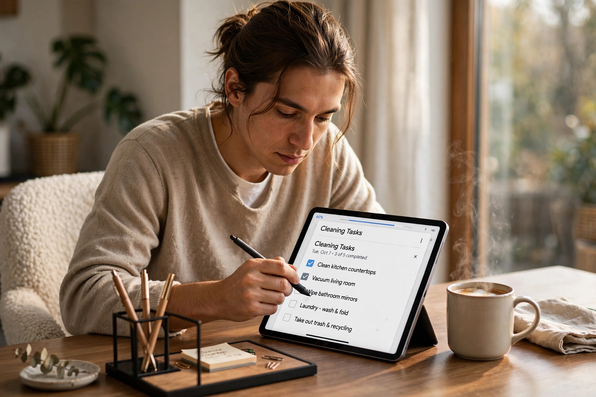 Person using a digital tablet to check off cleaning tasks in a modern home
