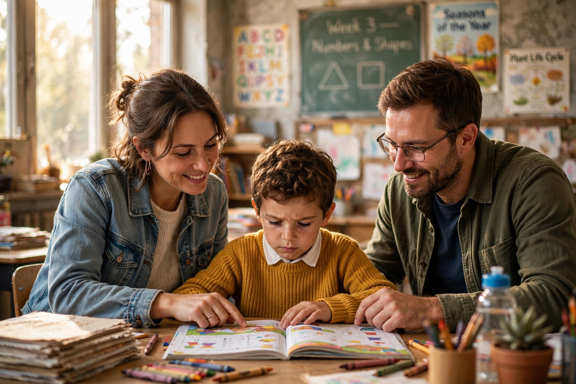 Criança estudando com pais sorrindo e dando apoio emocional