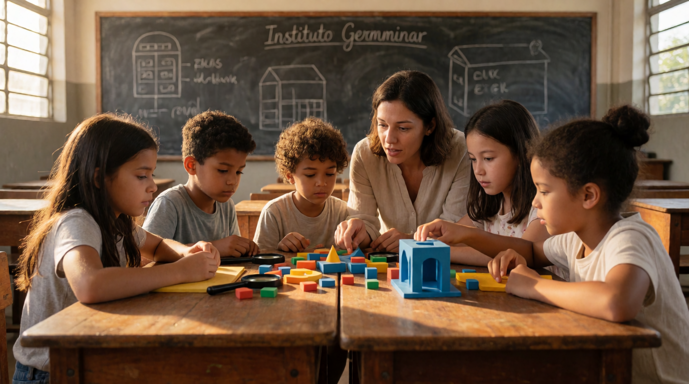 Crianças em atividade de reforço escolar com educador no Instituto Germminar