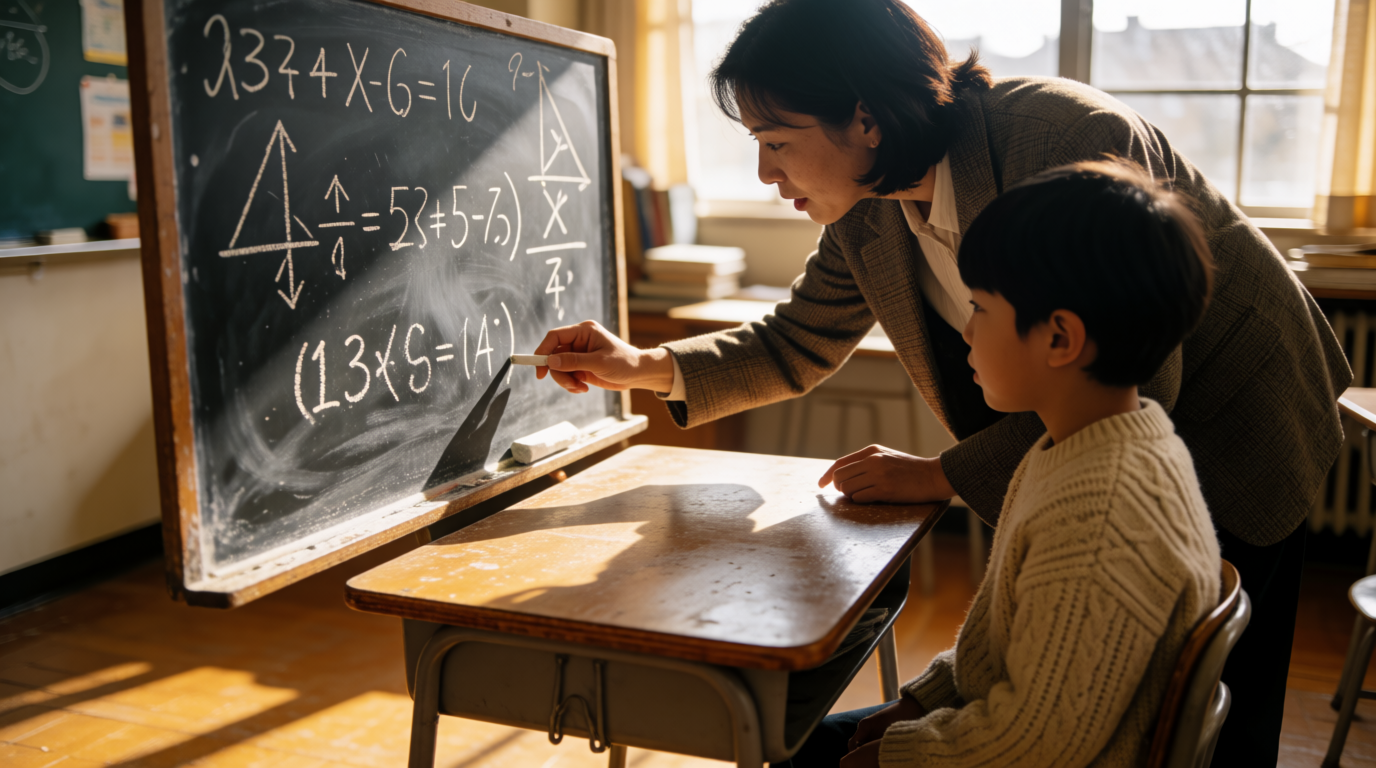 Professora explicando matemática para aluno