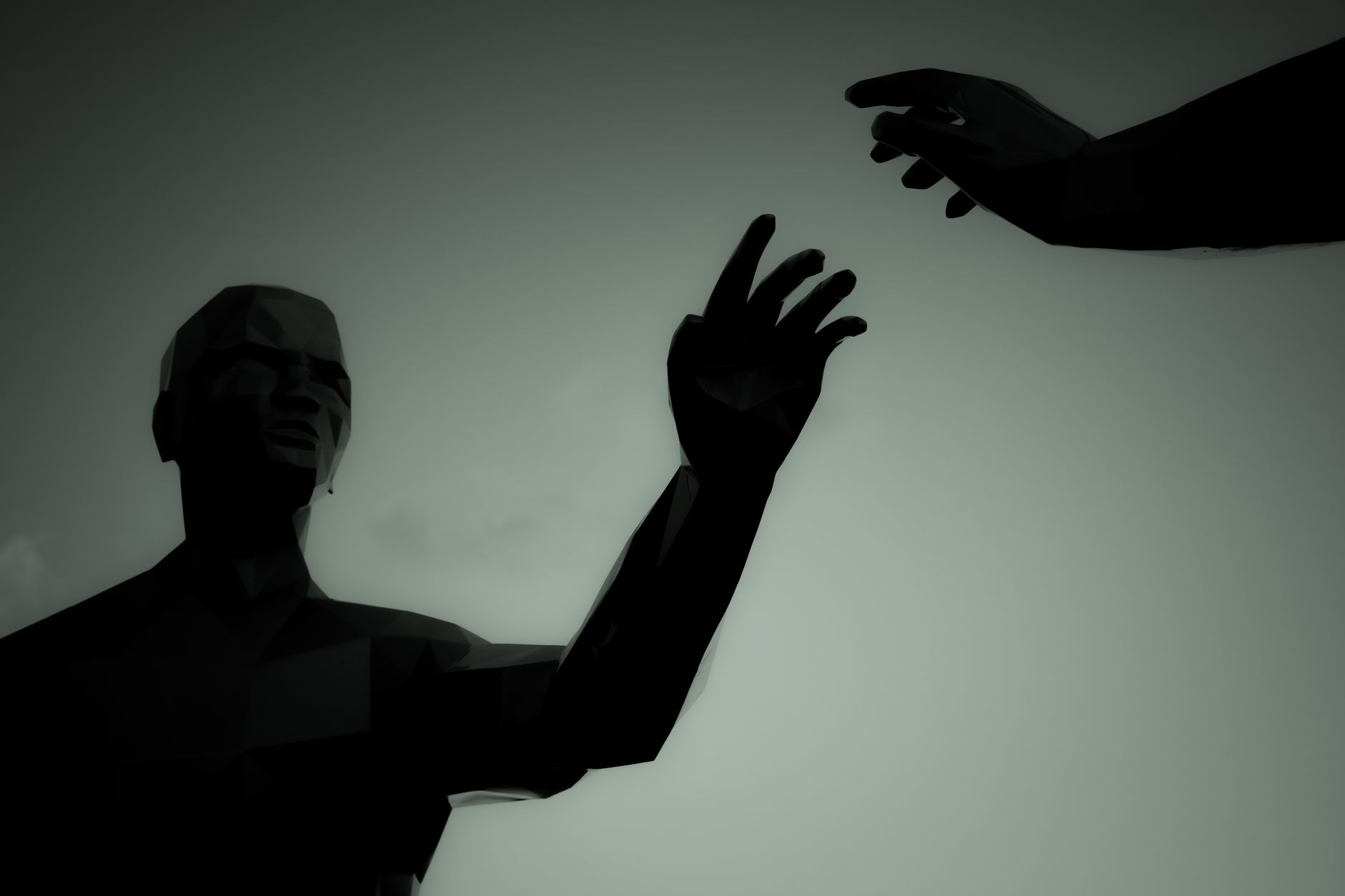 Abstract art of two figures reaching out, symbolizing connection.