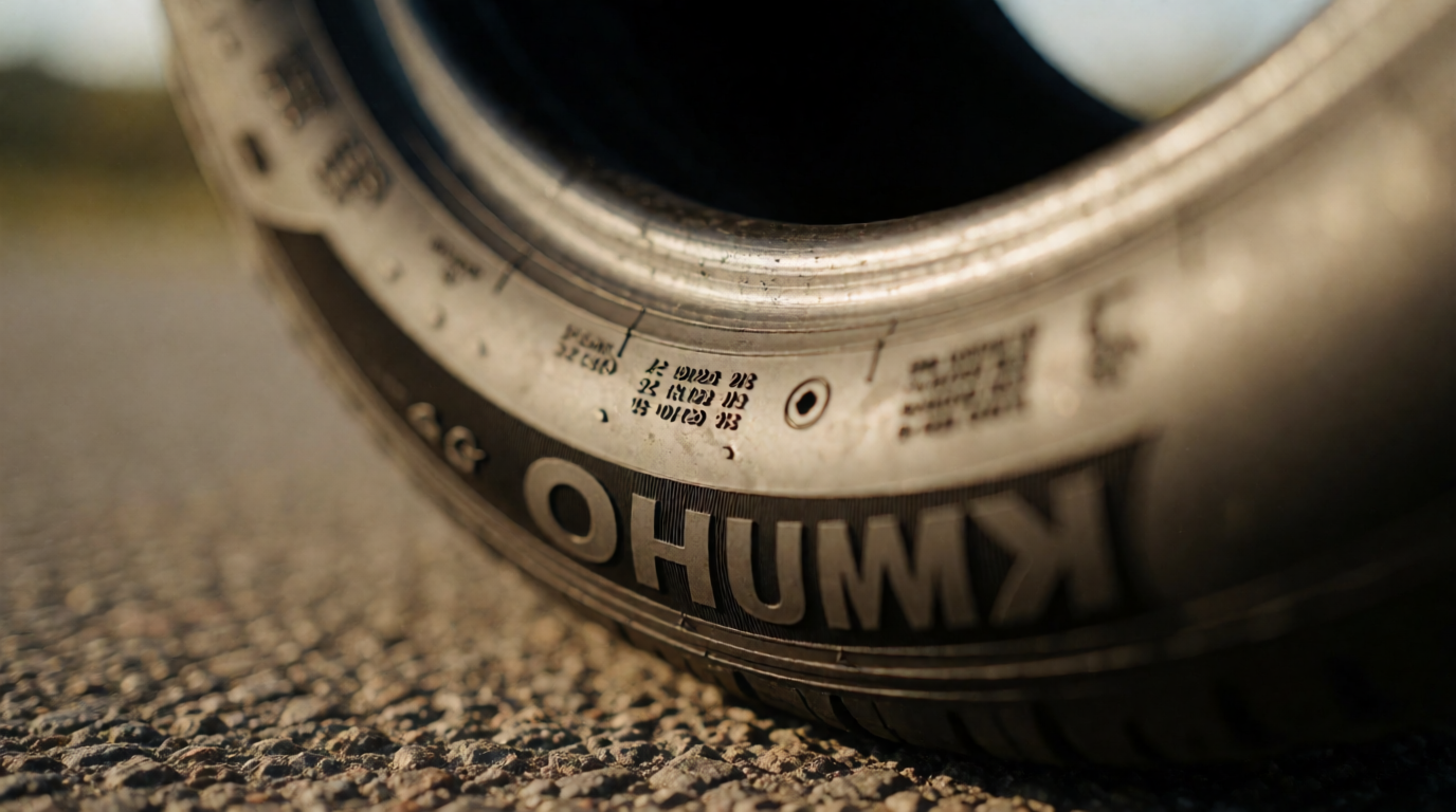 Detalhe da lateral do pneu Kumho mostrando as marcações técnicas