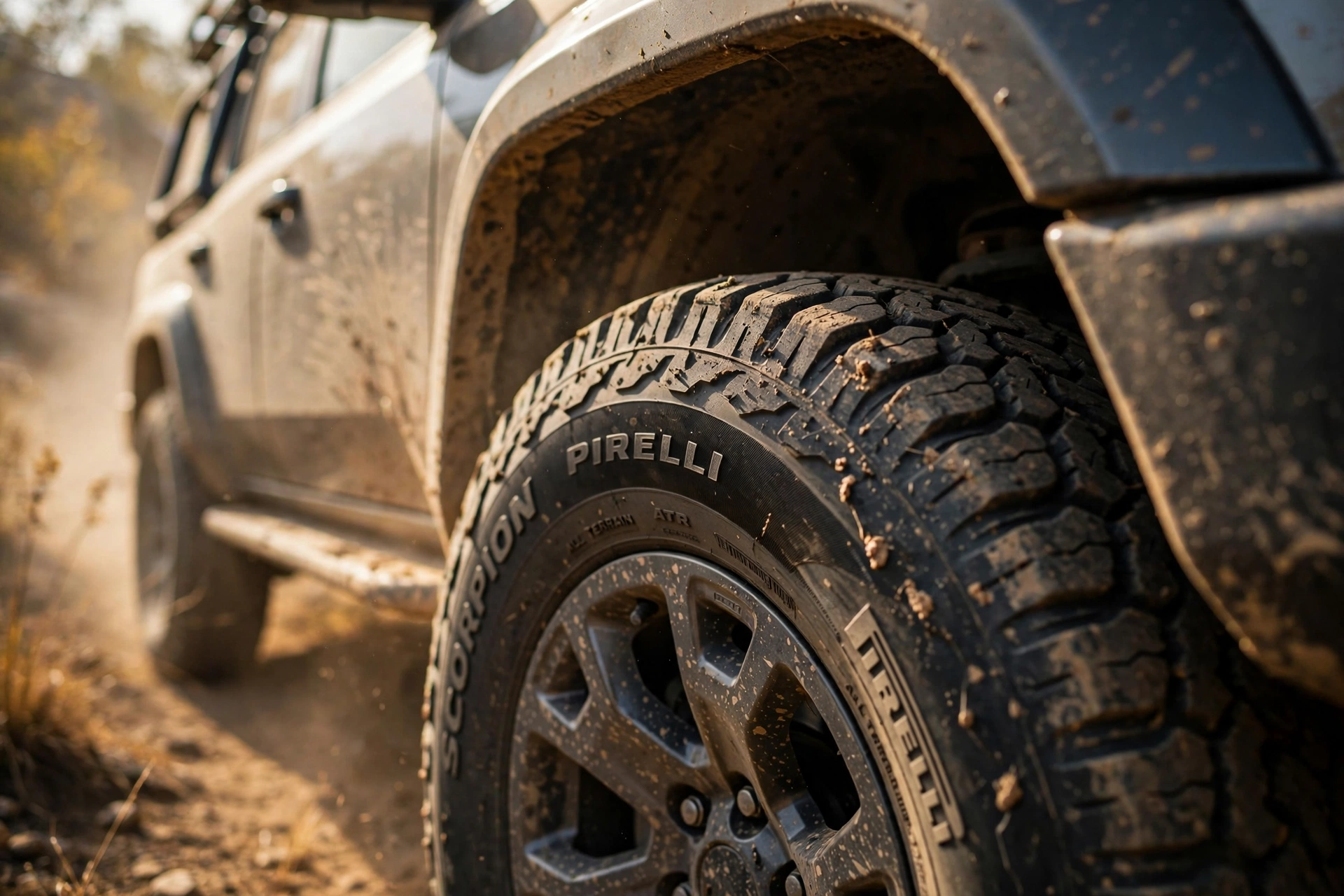 Pneus de picape Pirelli instalados em veículo 4x4 em estrada de terra