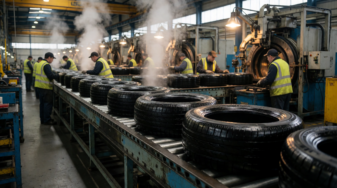 Linha de produção de pneus Dunlop na fábrica