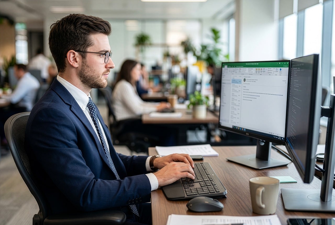 man, office, computer, work, business, working, company, career, suit, young, corporate, professional, marketing, office worker, desk, computer screen, multitasking, time management, focus, meeting room
