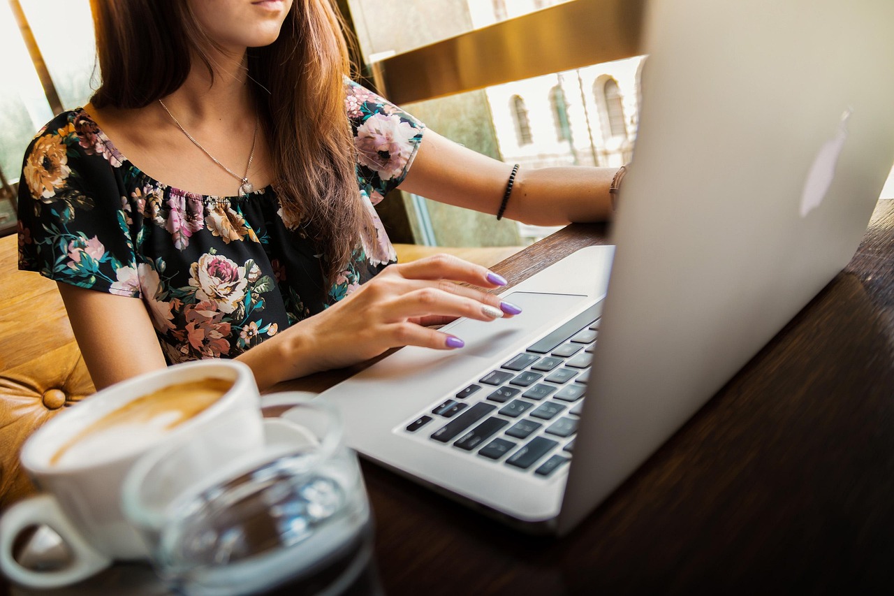 woman, laptop, desk, workspace, macbook, technology, work, working, coffee cup, working woman, coffee, computer, cup, girl, mug