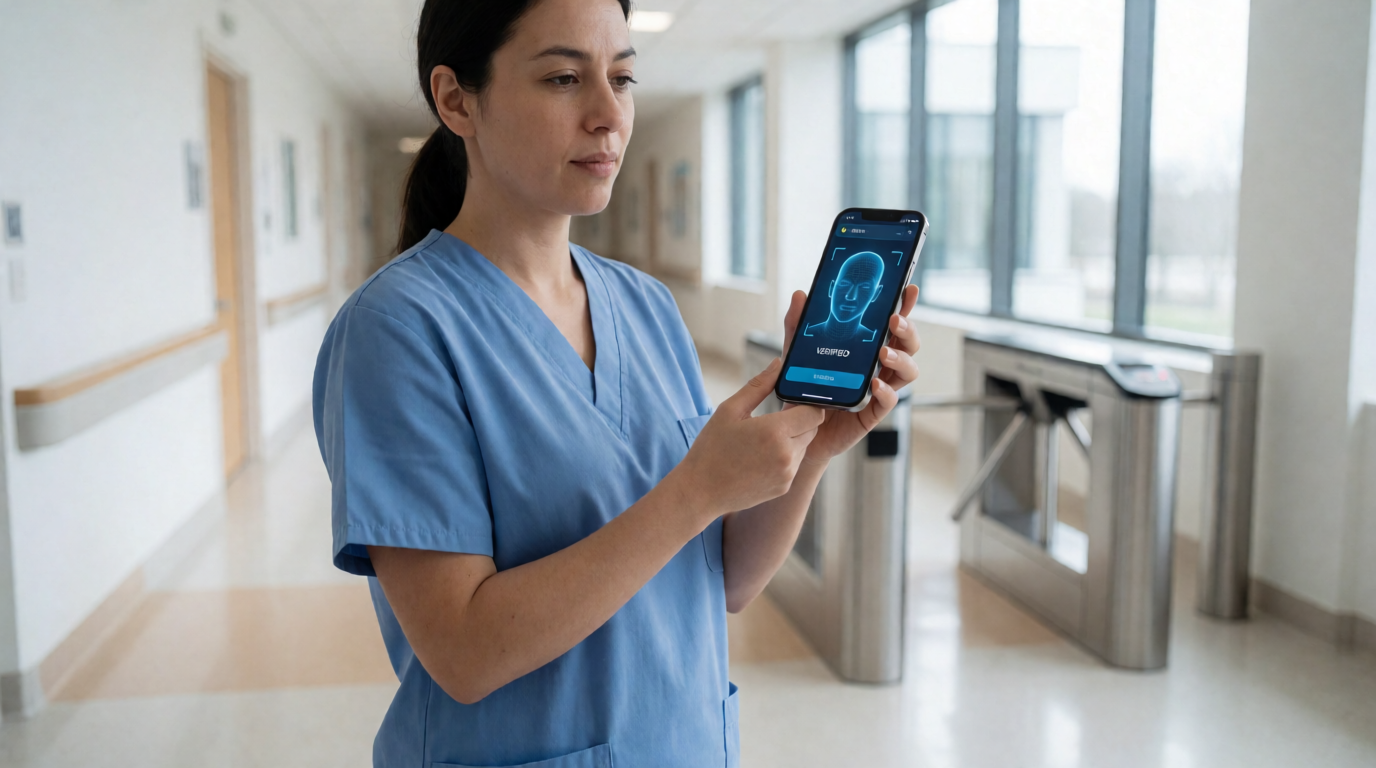 Enfermeira utilizando aplicativo de ponto em smartphone no hospital