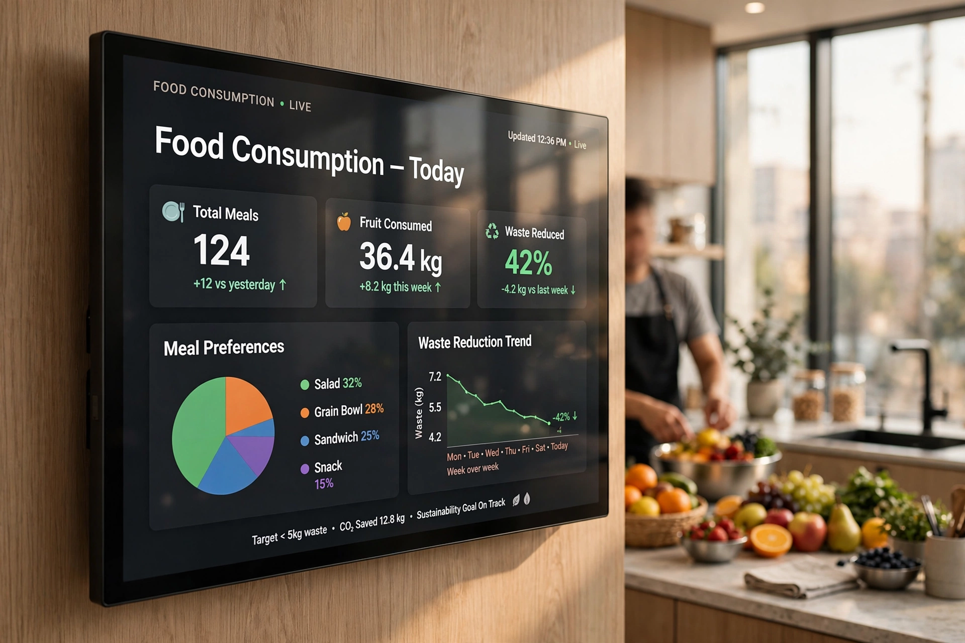 Painel digital mostrando métricas de consumo de alimentos