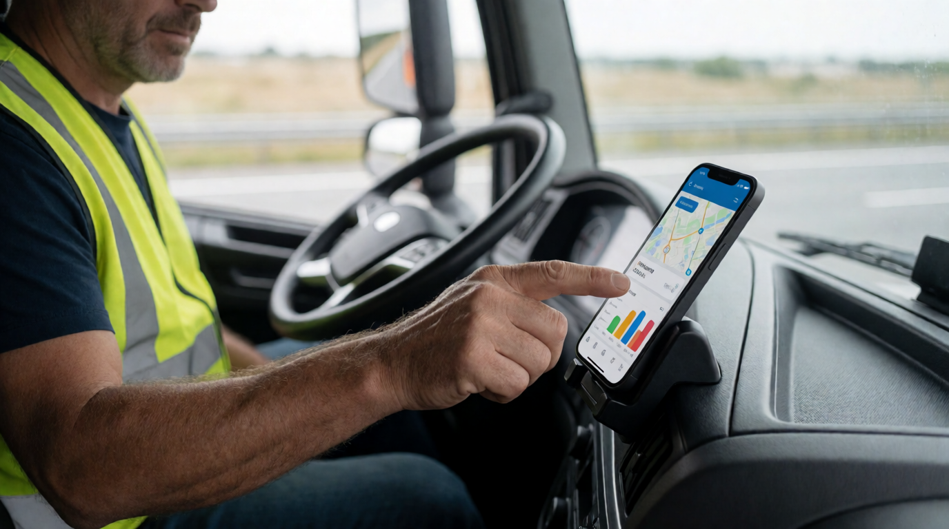 Motorista utilizando aplicativo de ponto eletrônico em veículo