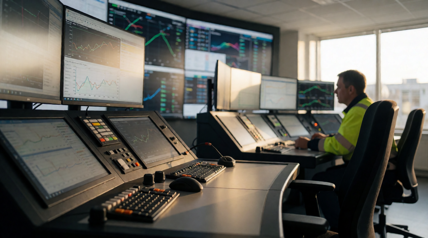 Sala de controle industrial com monitores