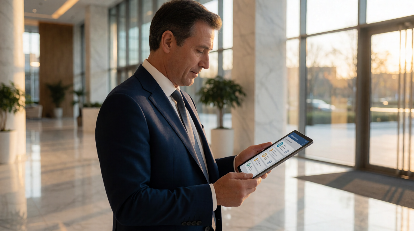 Gestor verificando certificações de software em tablet