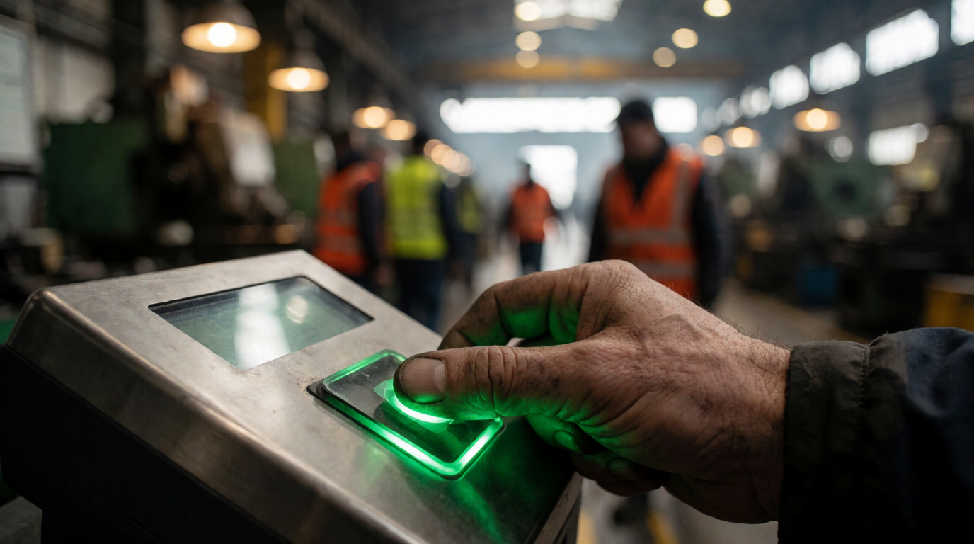 Trabalhadores registrando ponto em sistema digital em fábrica
