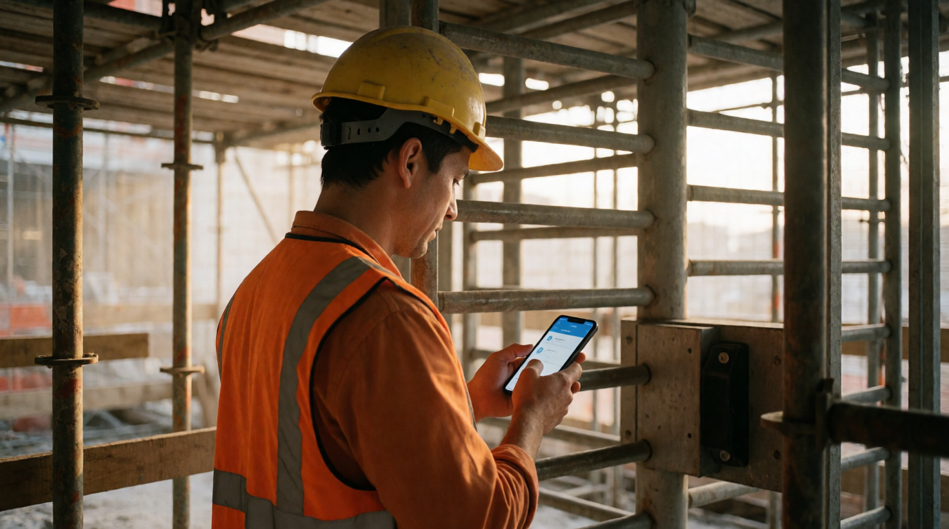 Trabalhador da construção civil registrando ponto pelo celular em um canteiro de obras