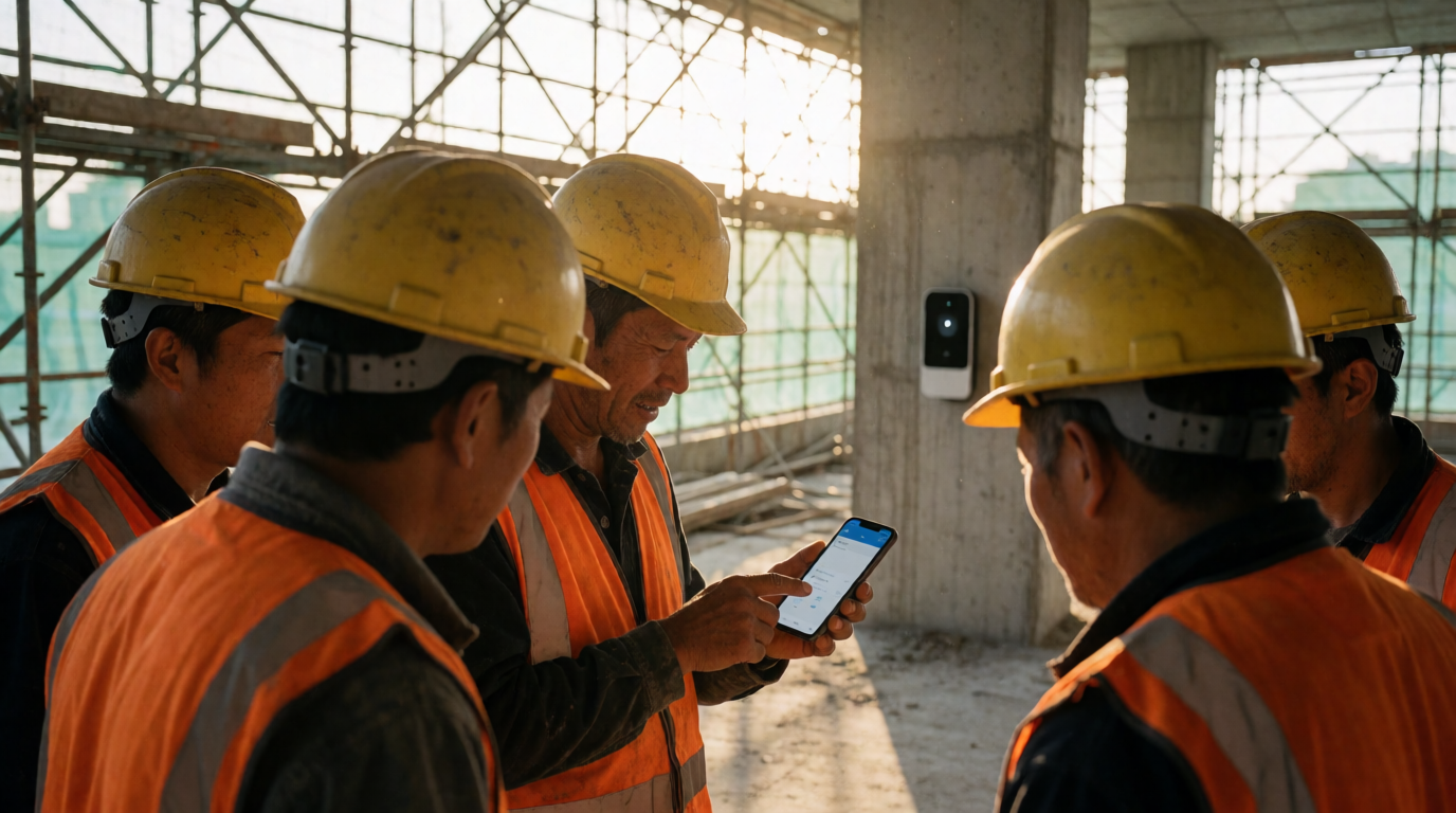 Operários registrando ponto via aplicativo em obra no Rio de Janeiro