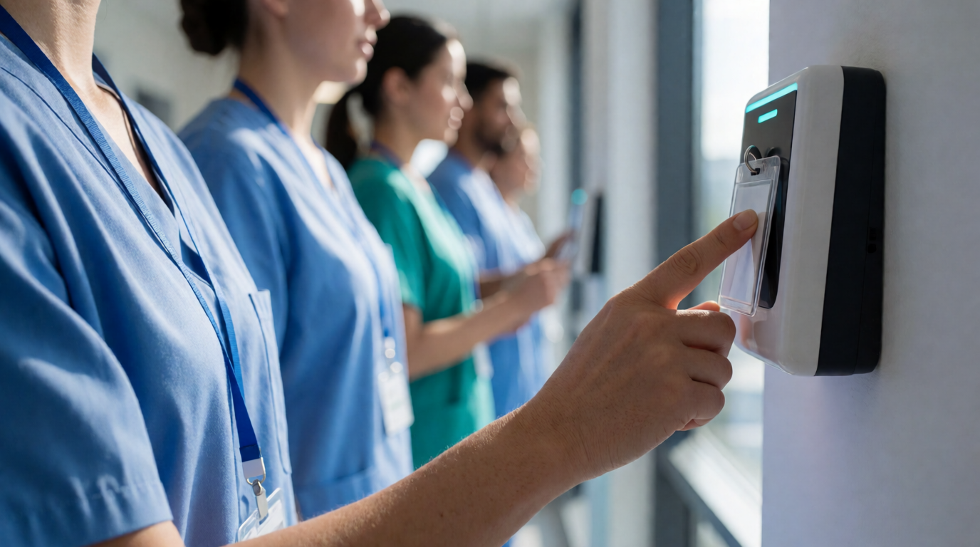 Funcionários de hospital registrando ponto com sistema eletrônico