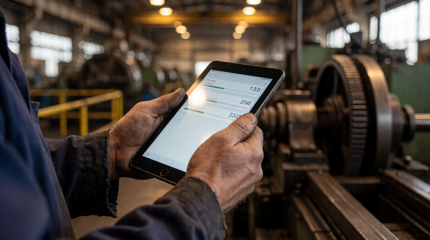 Operários utilizando tablet para registro de ponto em indústria