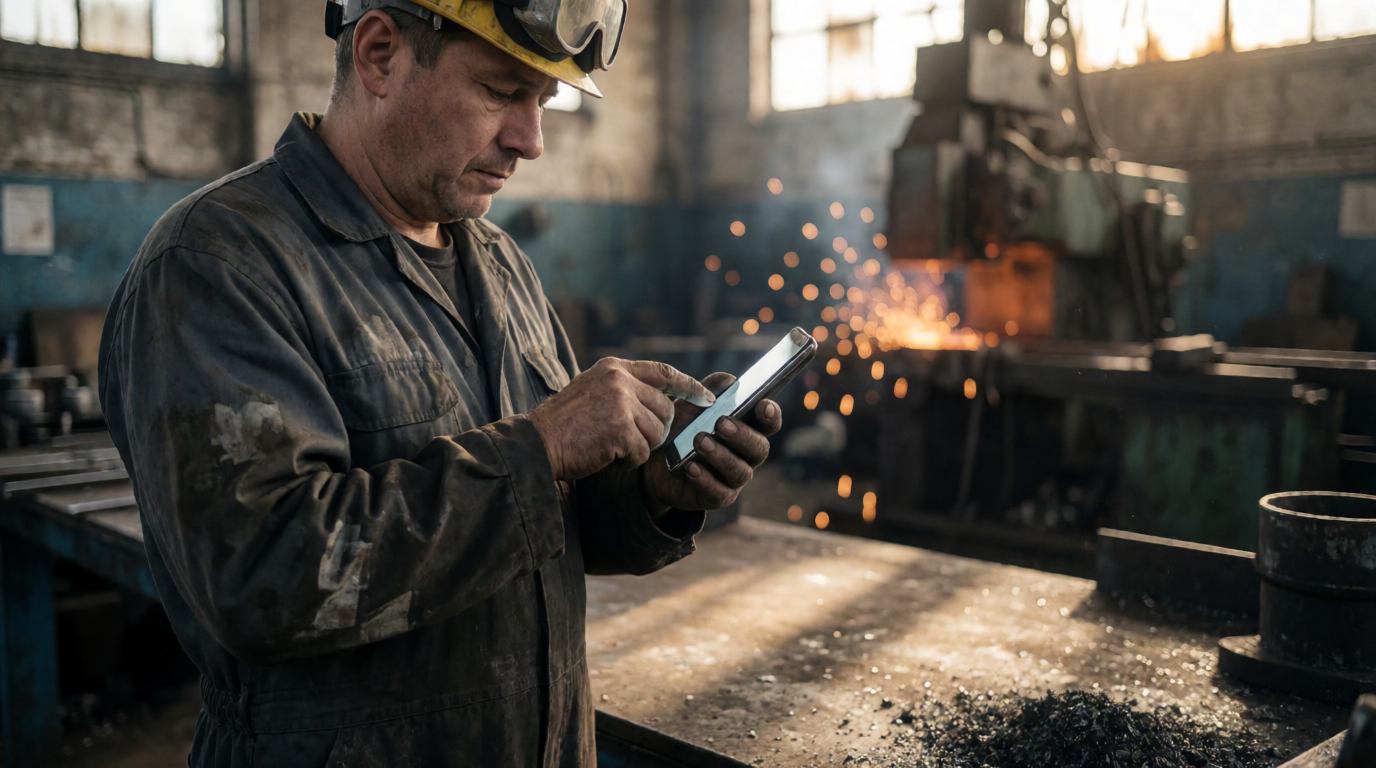 Operário da indústria metalúrgica utilizando smartphone para registro de ponto