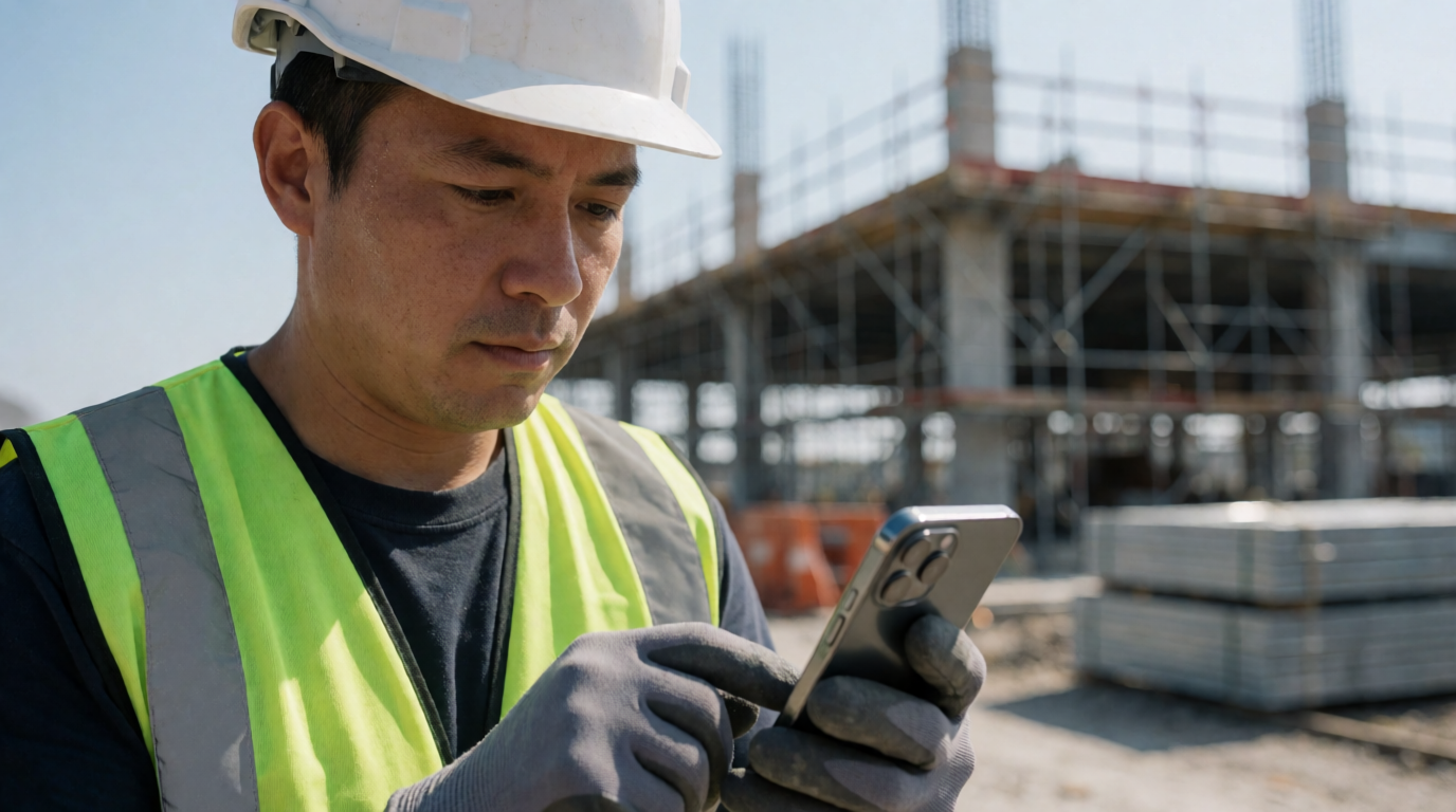 Operário de construção civil usando celular para marcar ponto