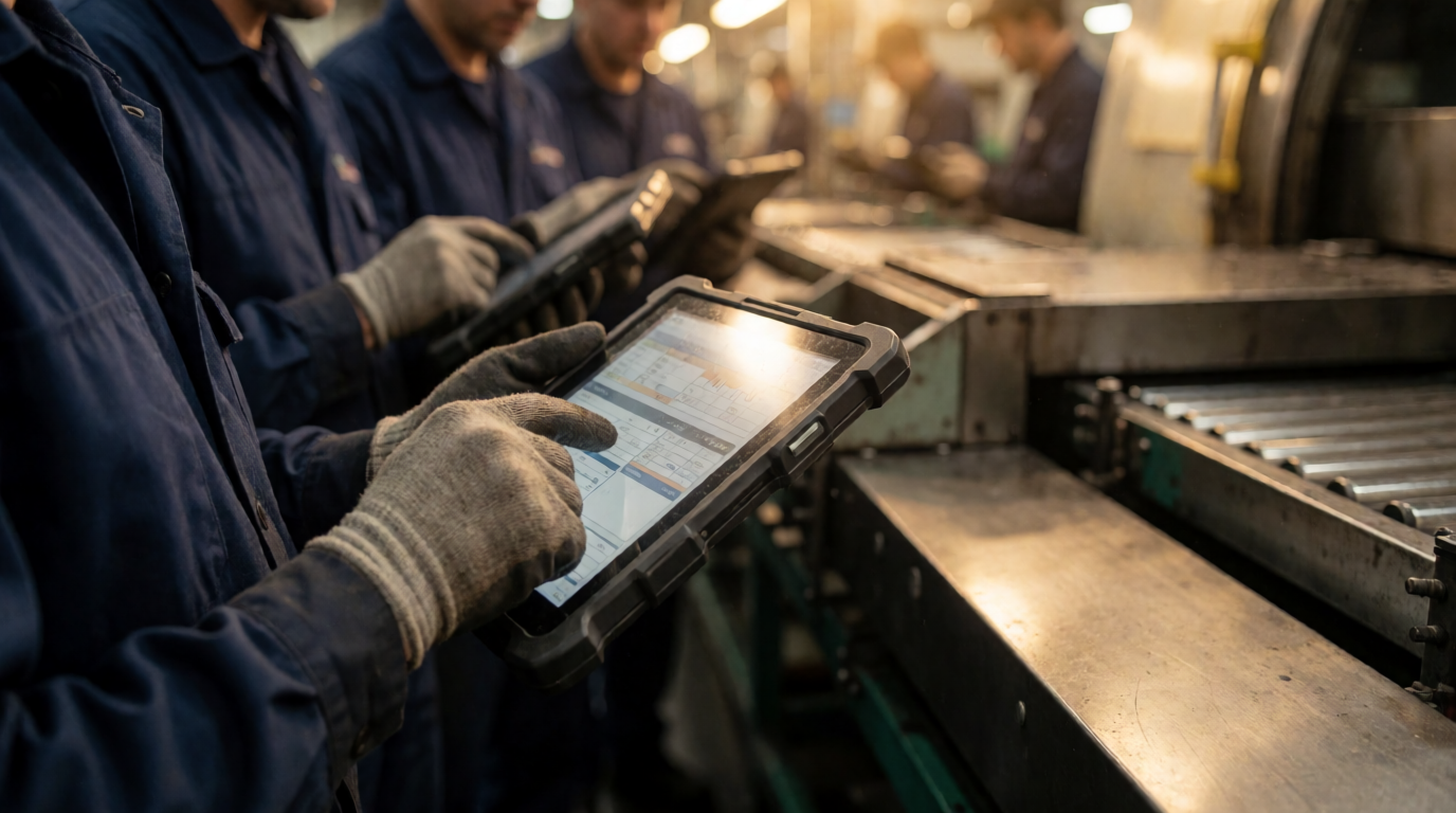 Operários conferindo jornada em tablets na linha de produção
