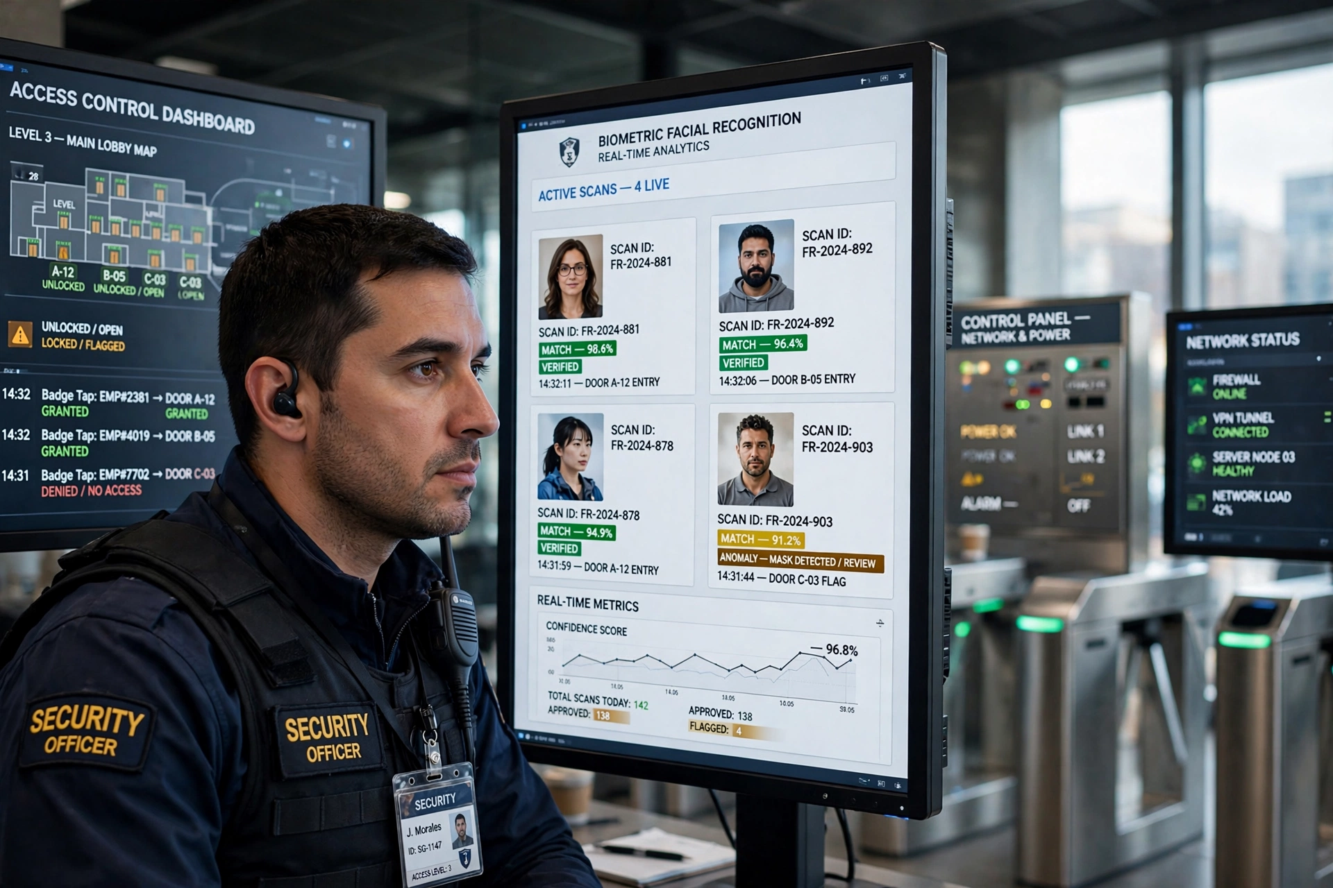 Segurança monitorando painéis de controle de acesso