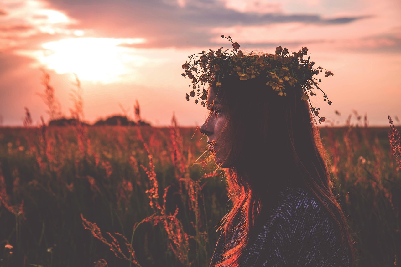 woman, nature, flower crown, sunset, headdress, young woman, female, portrait, model, outdoors, modeling