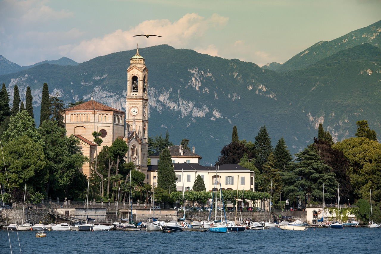 lake, church, tower, nature, italy, lake como, city, italian, travel, como