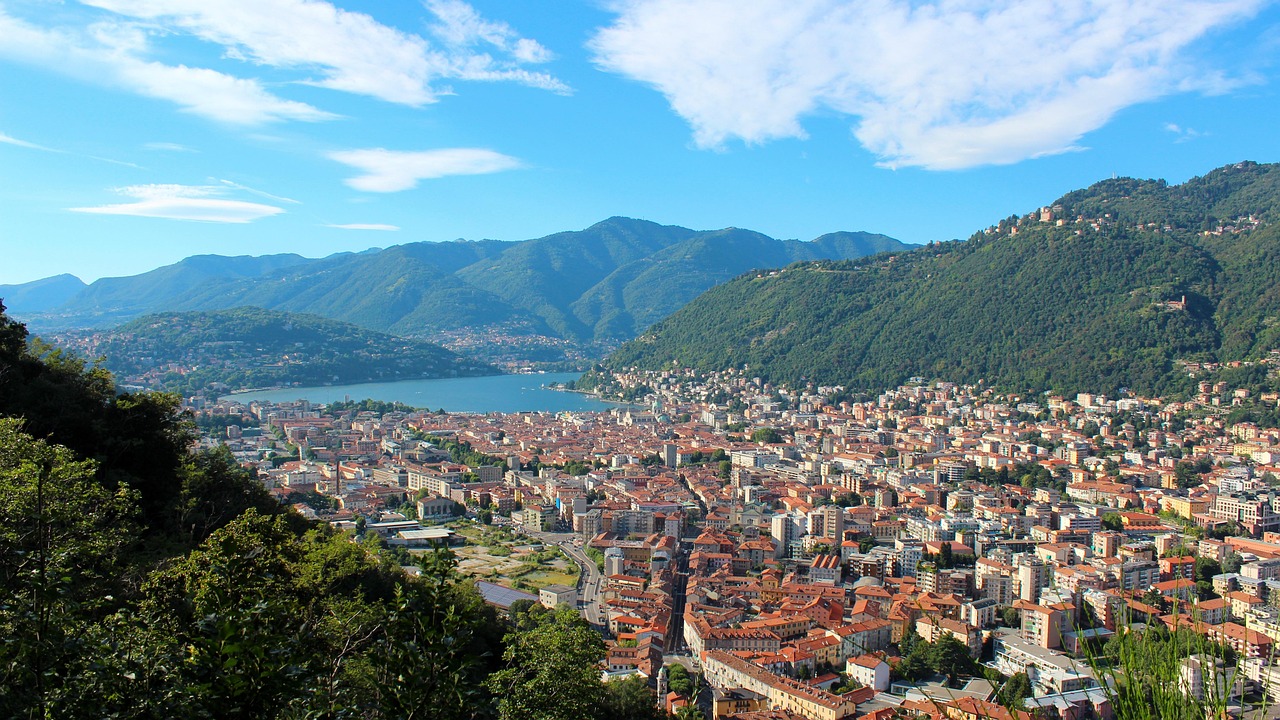 como, panorama, lake como, clouds, lombardy, water, blue sky, summer, vacation, como lake, nature, view, sky, blue, hills, italy, the needle, mountains, mountain, sun, landscape, horizon, atmosphere, city