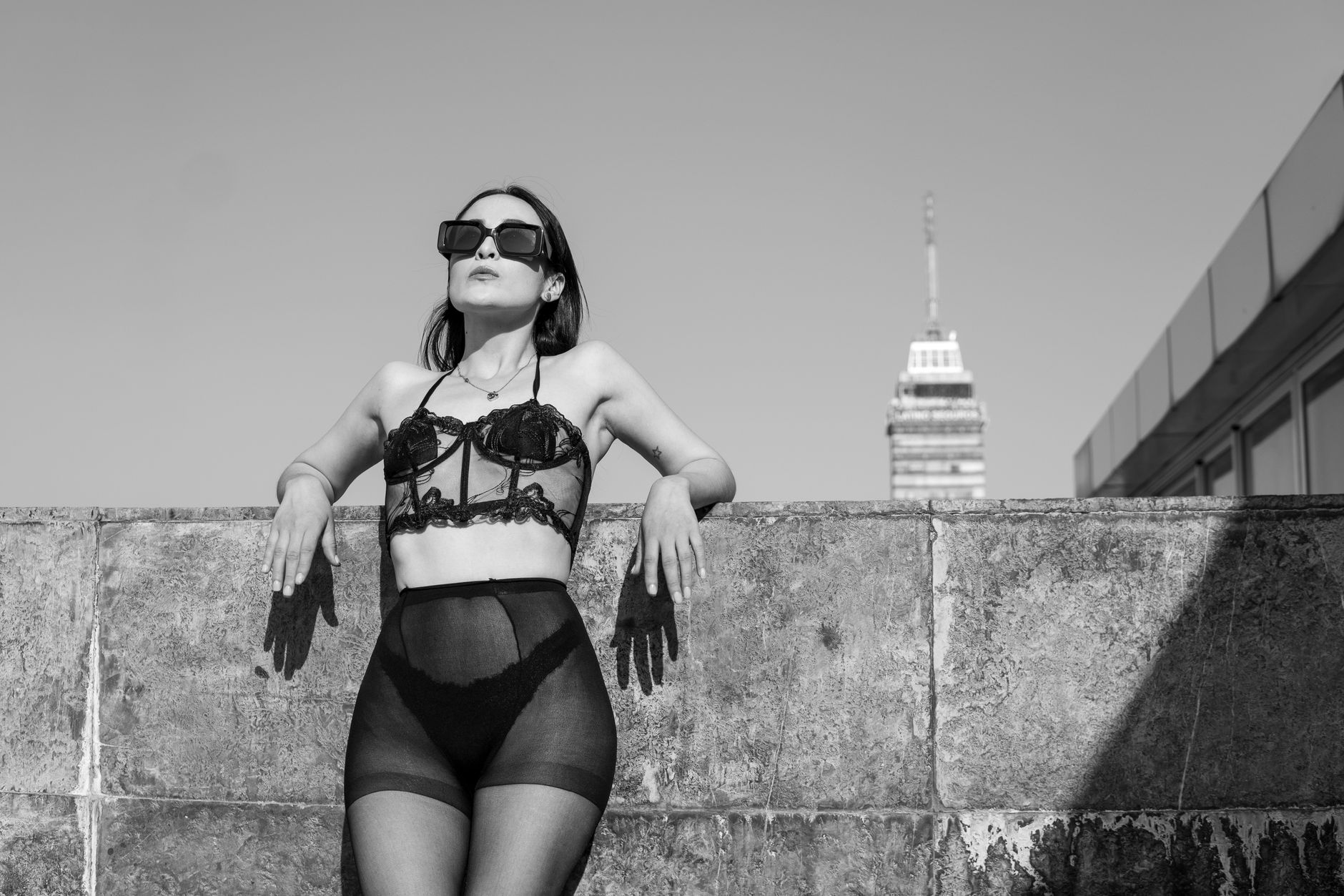 Black and white photo of a woman posing in lingerie outdoors, with a Mexico City skyline.
