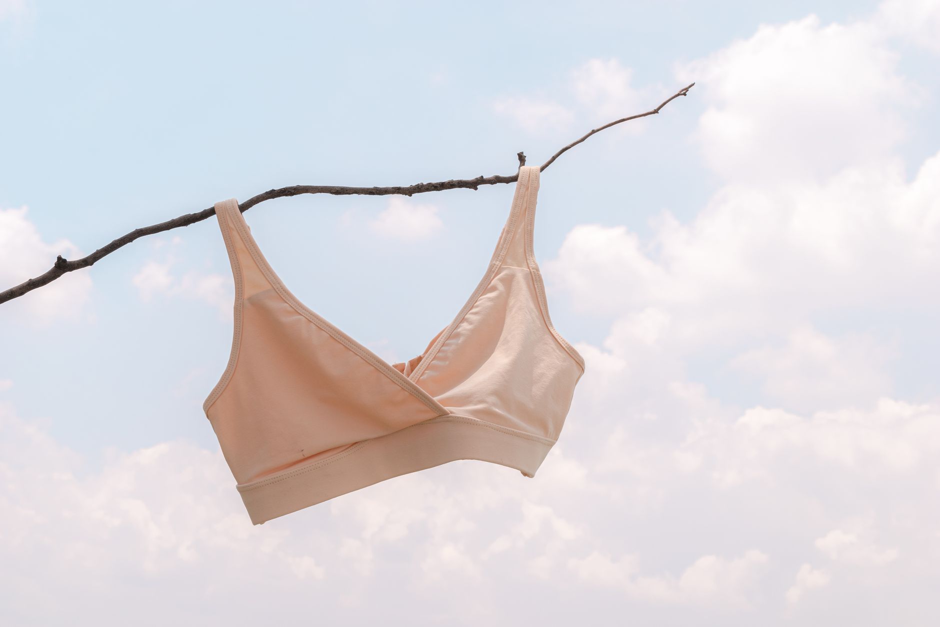 A soft bra hanging on a tree branch against a backdrop of white clouds in Ciudad de México.
