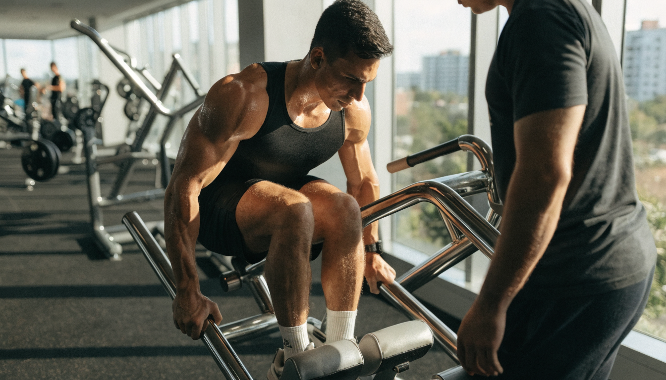 A fit woman leaning forward in a gym, recovering after a vigorous workout session.