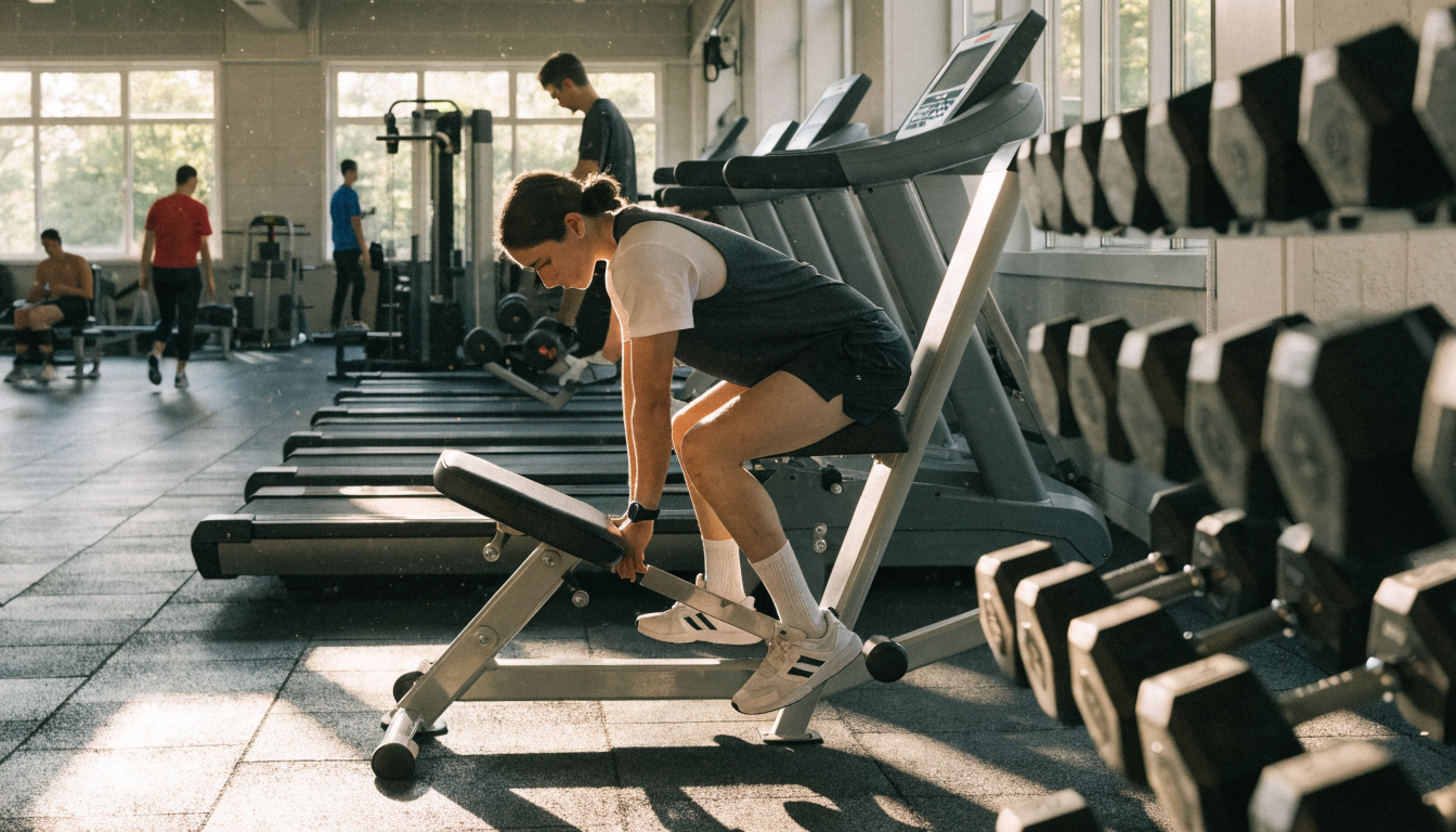 Side view of confident muscular man doing exercises on shoulder press machine while training in modern sports center
