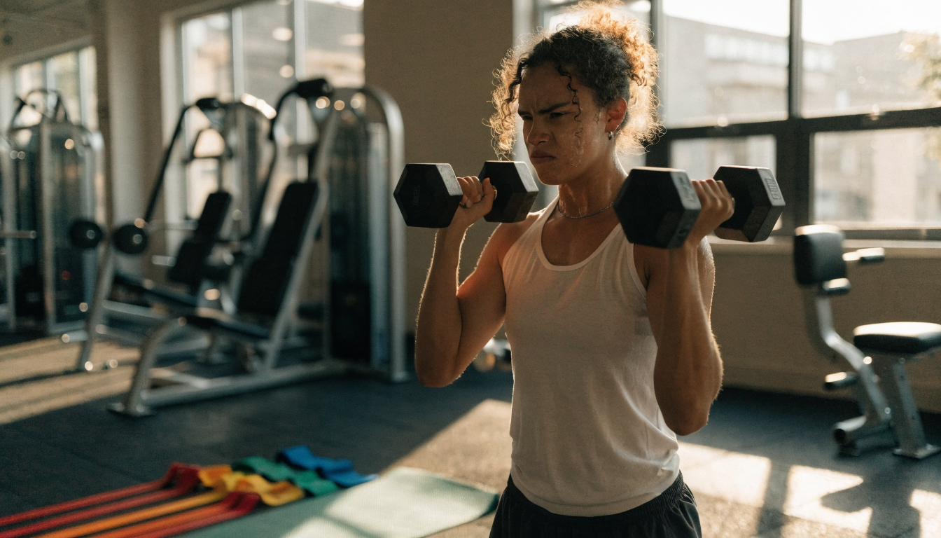 A person in striped leggings prepares for a workout with dumbbells indoors.
